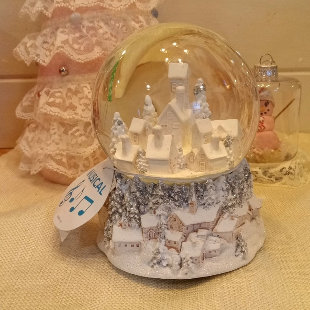Pastel pink gingerbread christmas town musical snow globe Holiday Romance htf